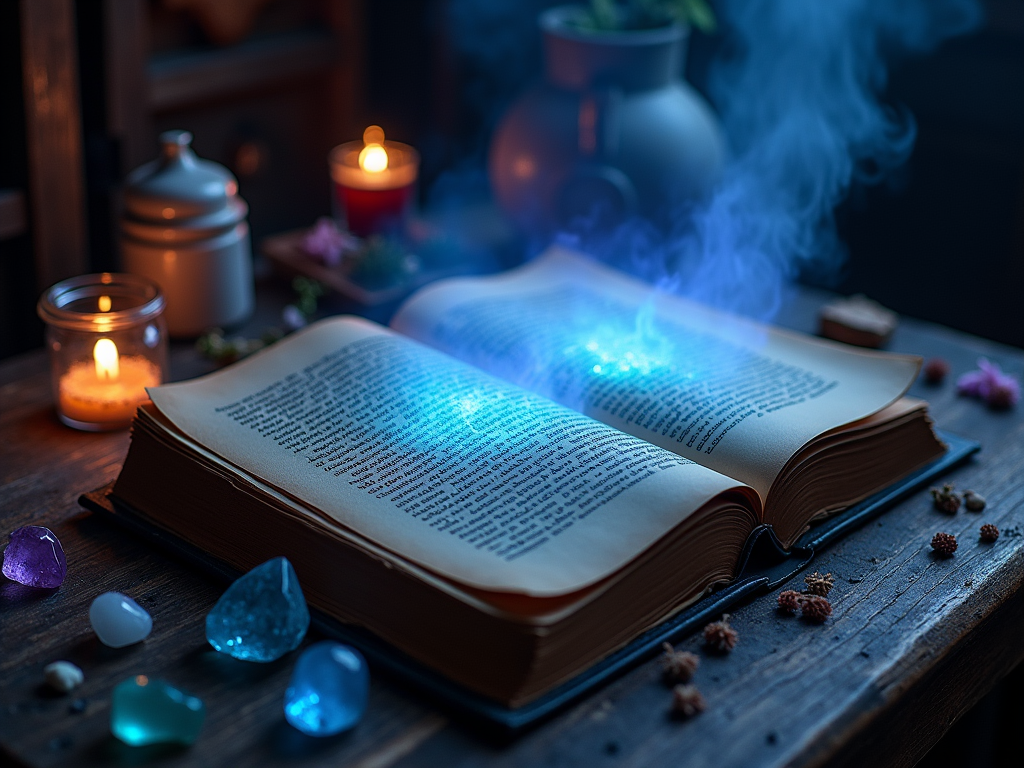 Волшебная книга с синим светом на столе среди свечей и кристаллов.