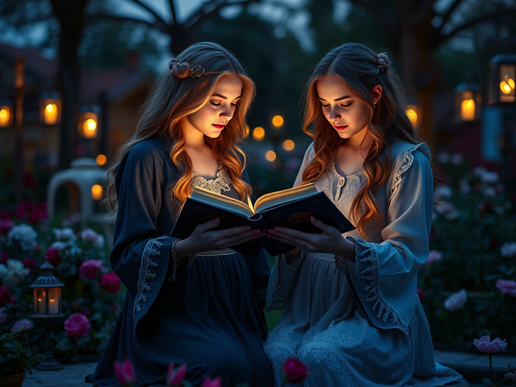 Две девушки читают книгу в освещенном саду, окружённые цветами и фонарями в вечернем свете.