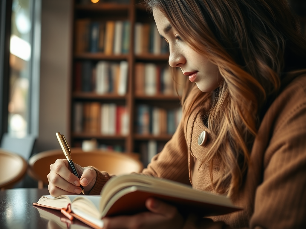 Девушка в уютном кафе записывает мысли в блокнот рядом с книжной полкой.